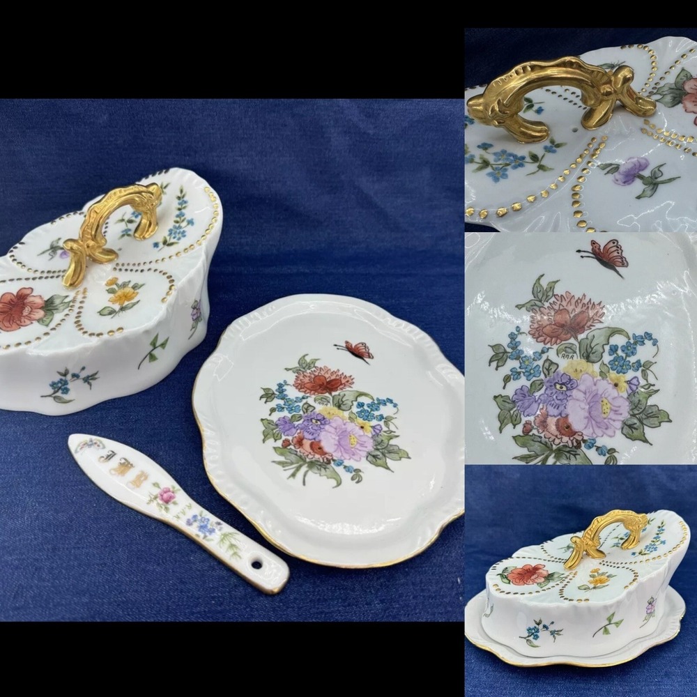 VTG Rare Covered Dish & Knife Set Hand Painted Floral Signed Porcelain Ornate